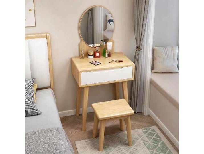 Schminktisch-Set aus Massivholz mit ovalem,kristallklaren HD-Spiegel Hocker Schminktisch Gummibaumholz mit Schublade,eingelassenem Griff,Holzschienen,Schlafzimmer Schminktisch für Frauen(Natural 2)