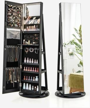 Costway 360° Rotating Mirrored Jewelry Cabinet Armoire 3 Color LED Modes Lockable-Black