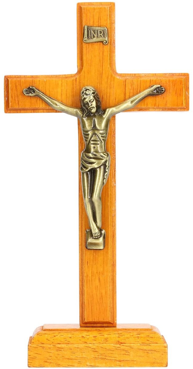 Dailygoods Kruisbeeld Staand - Houten en Metalen Decoratie - Hoogglans Gepolijst Jezus Crucifix voor op Tafel