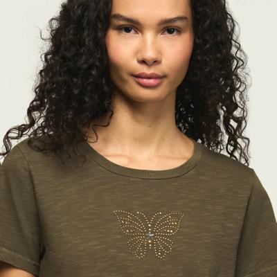 Lucky Brand Embellished Social Butterfly Classic Crew in Black Olive, Size L
