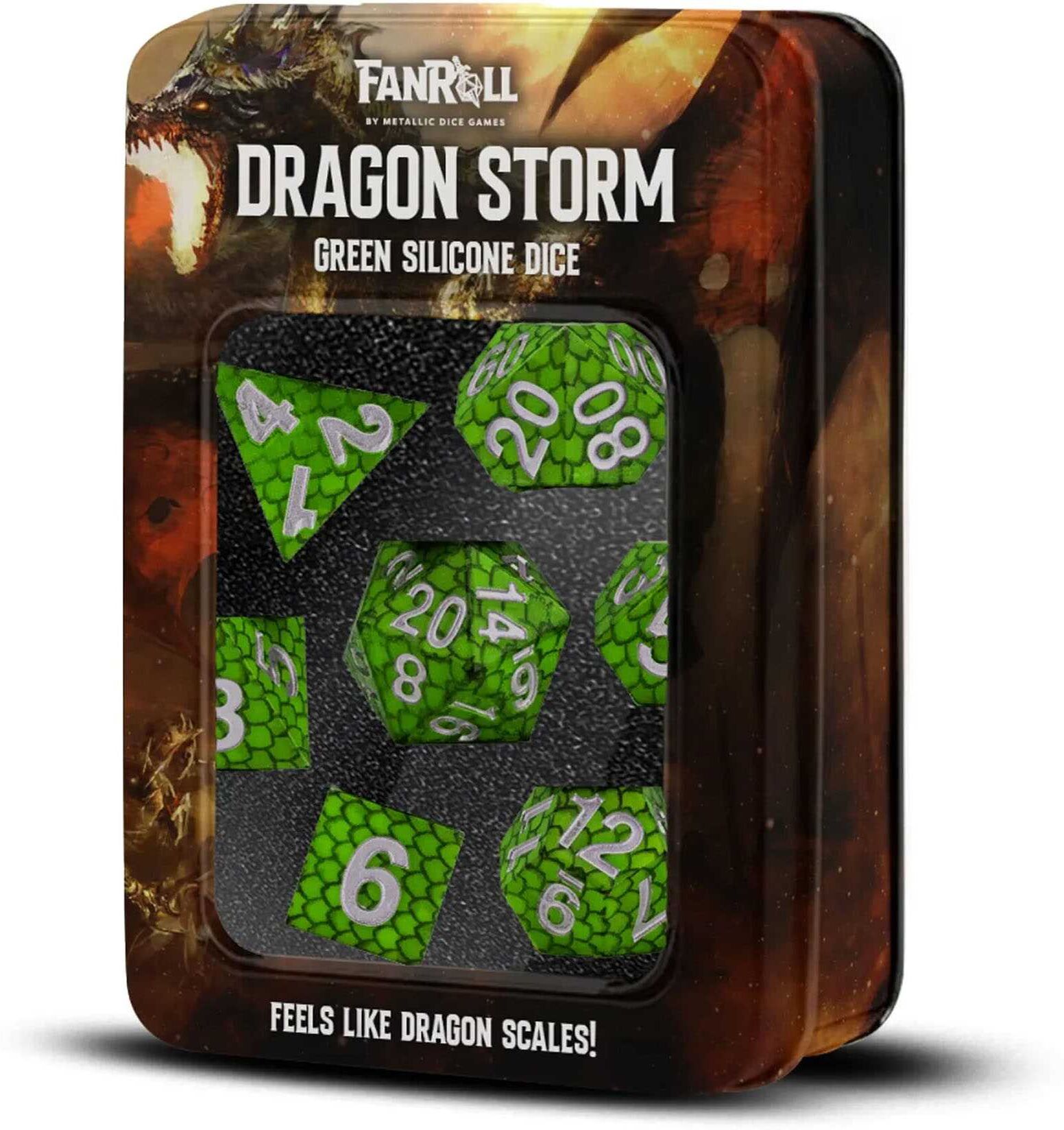 Metallic Dice Games FanRoll Dragon Storm Silicone Dice Set – Green Dragon Scales, 7-Piece Set for Role-Playing Games, Ages 8+, by FanRoll