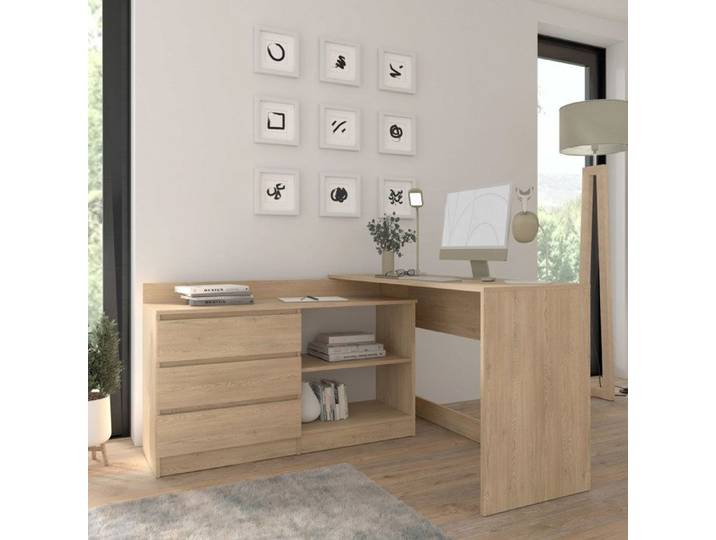 Bureau d'angle MAJA 130 cm chêne Cremona avec 3 tiroirs