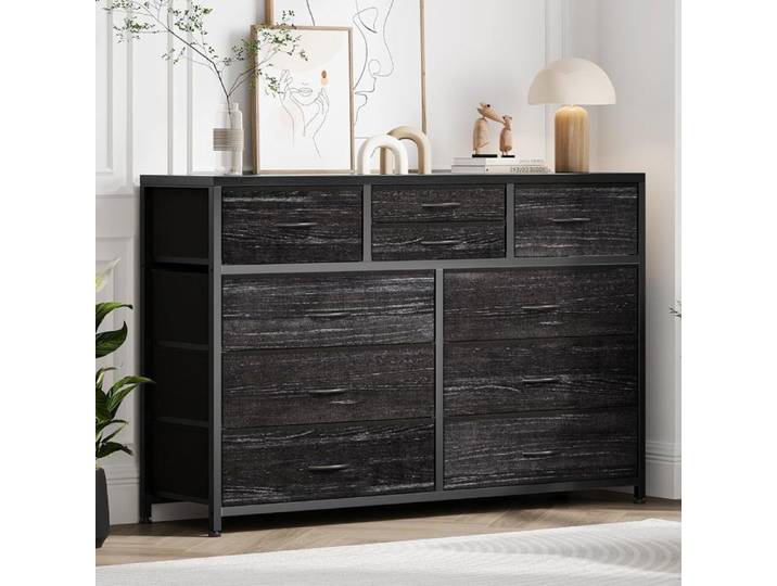 Commode avec 10 tiroirs commode de rangement en tissu avec tiroirs pour chambre à coucher couloir placards cadre en acier NOIR