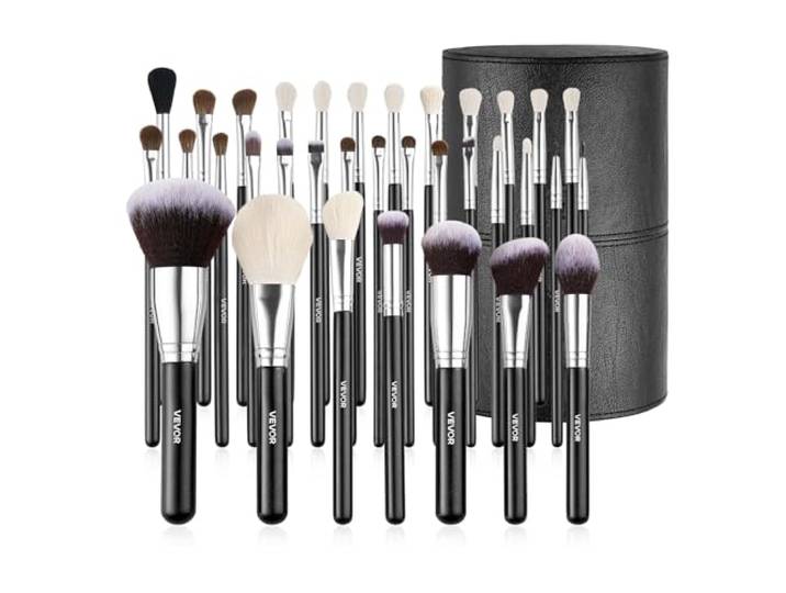 VEVOR Pinceaux Maquillage 34 PCS\, Pinceau Maquillage Professionnel pour Fond de Teint\, Fard à Paupières\, Anti-cernes\, Blush\, avec Poils Doux\, Manche Ergonomique en Bois\, Étui de Rangement de Voyage