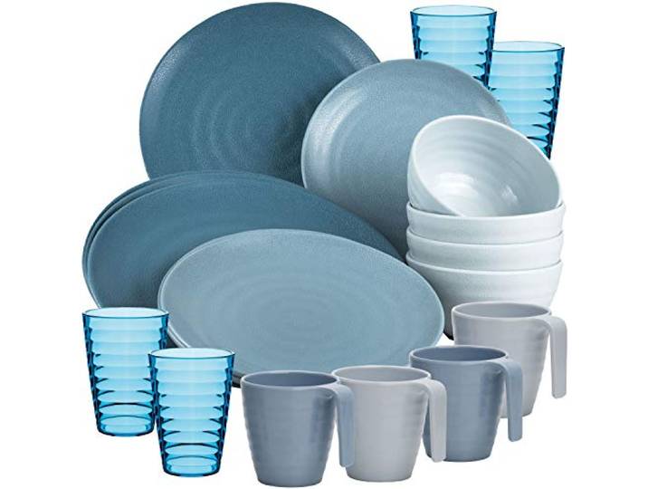 Melamin Camping Geschirr Set 20 Teile elegante blau Tassen 4 Gläser Tumbler