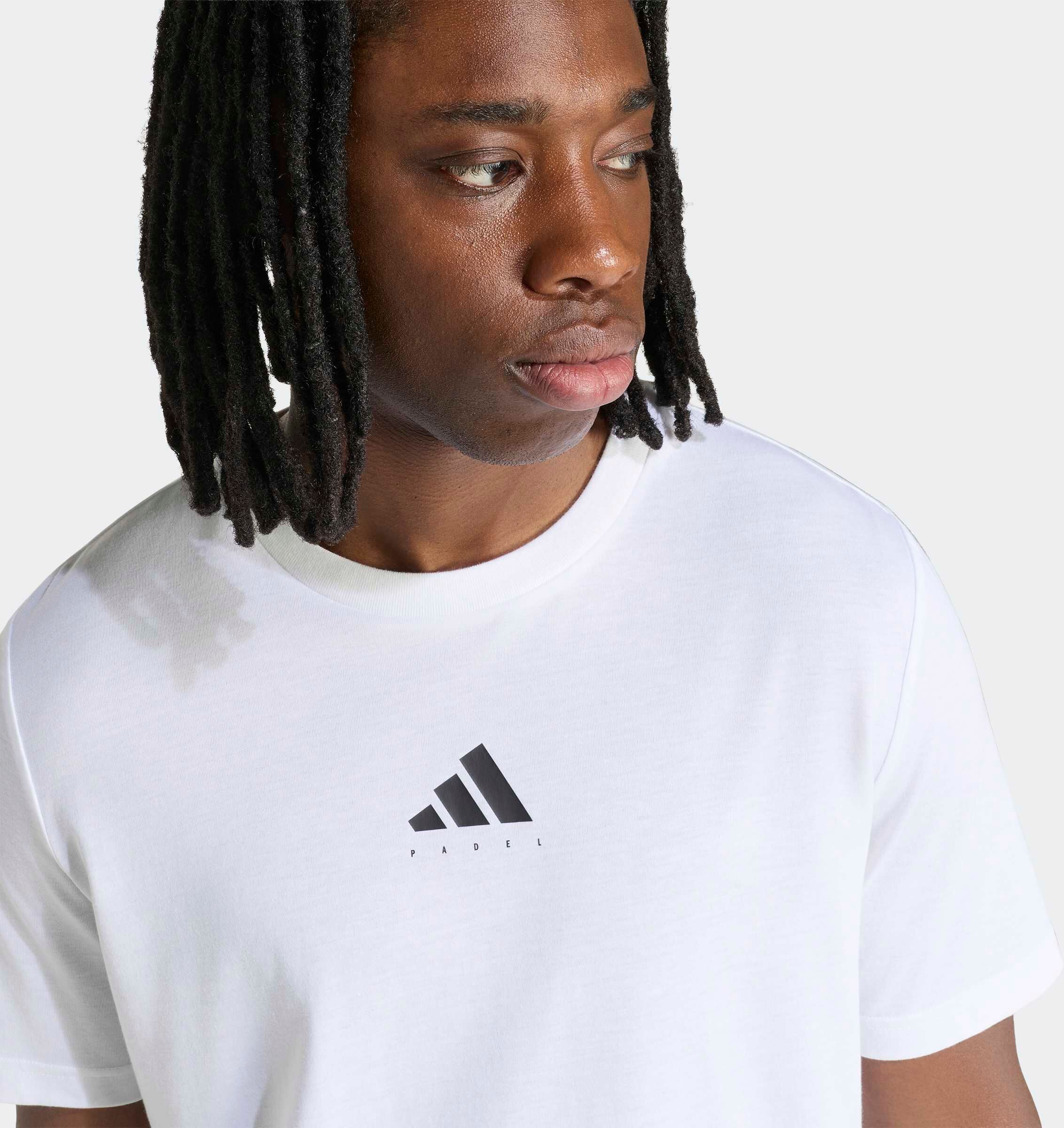 T-Shirt ADIDAS PERFORMANCE "PADEL CATEGORY GRAFIK", Herren, Gr. L, weiss (weiß), Obermaterial: 65% Polyester, 35% Baumwolle, Rundhals, Shirts T-Shirt, mit Rundhalsausschnitt, ohne Verschluss, aus Polyester weiß L