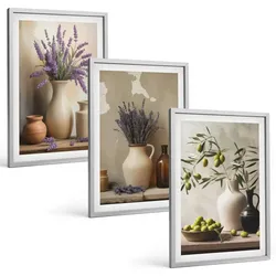 BILDER SET 3er Set - 40x60 cm Silberner Rahmen - Blumen in Vasen, Oliven, Dekorationen