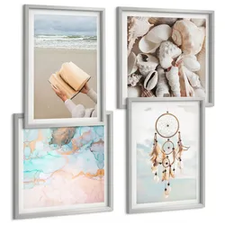 BILDER SET 4er Set - 50x50 cm & 40x60 cm Silberner Rahmen - Boho-Buch mit Muscheln