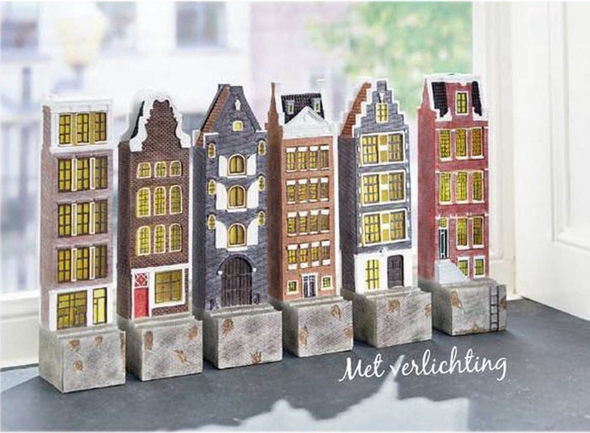 ZoeZo Design Vensterbankhuisjes Typisch Hollands Grachtenpanden - Set van 3 - Tweezijdig verlicht - Inclusief adapter
