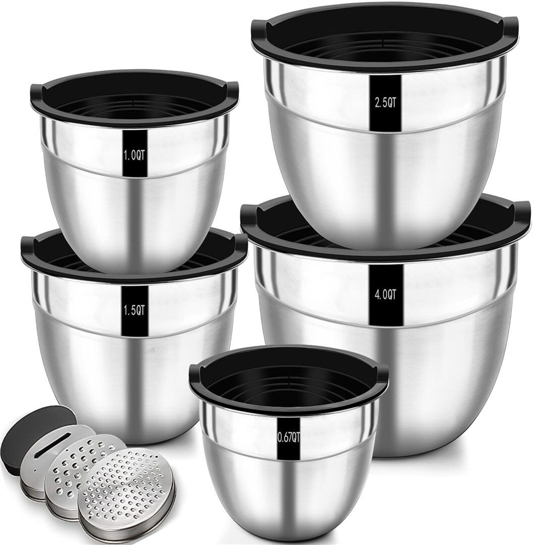 Ebern Designs Mixing Bowls With Airtight Lids, 5 Pieces Stainless Steel Metal Nesting Storage Salad Bowls Silver