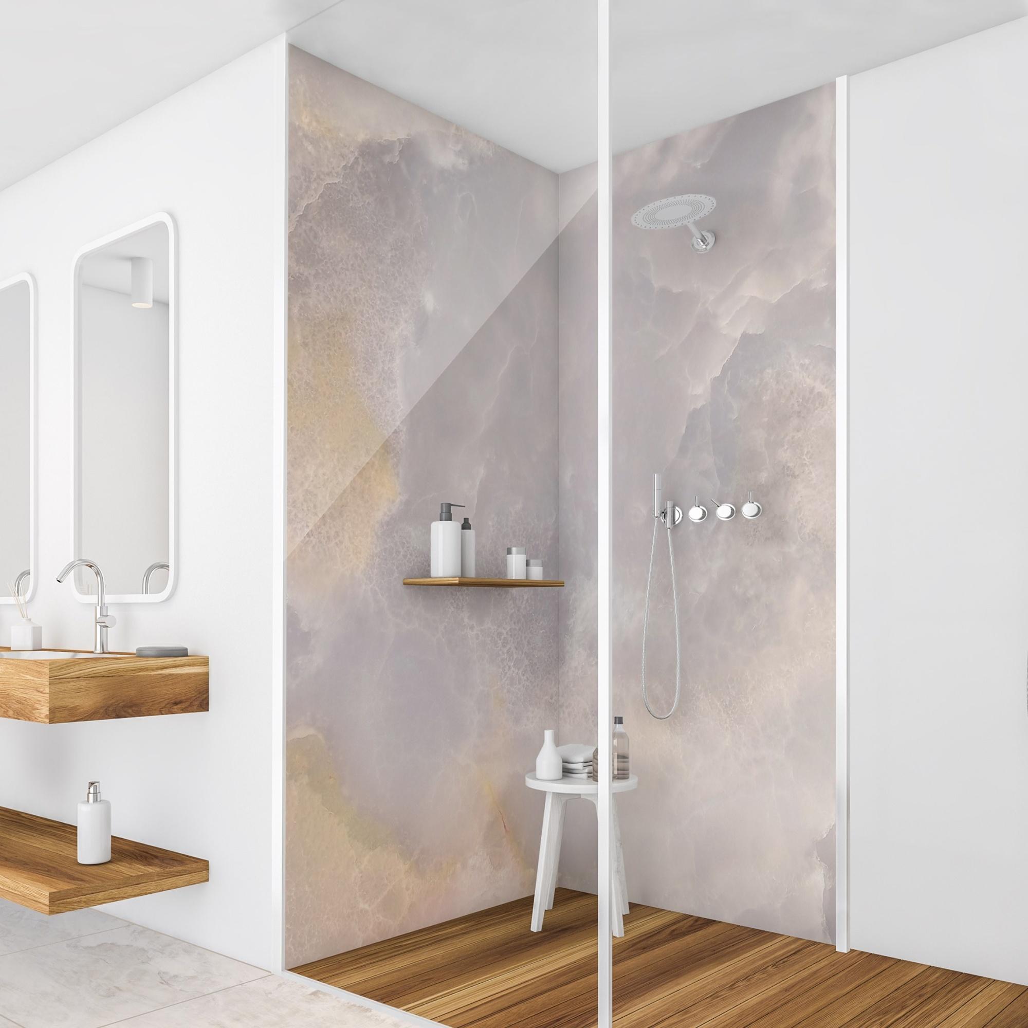 Duschrückwand mit Motiv selbstklebend - 0.61 mm Wandpaneel wasserfest Design grau Marmoroptik Motiv Badrückwand fugenlos Premium matt 100x210 cm