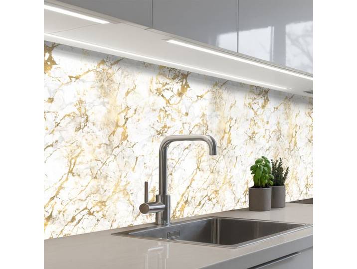 KitchenYeah crédence de cuisine Marbre Blanc et Éclats d'Or - Crédence Autocollante