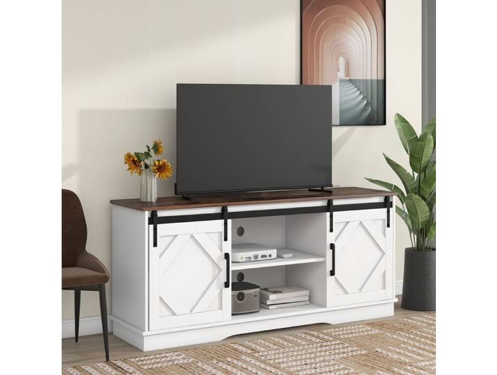 Meuble TV style farmhouse avec portes coulissantes et étagères réglables brun/blanc