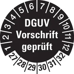 König Werbeanlagen Prüfplakette ab 27, DGUV Vorschrift geprüft, schwarz/weiß, Ø 30 mm - Bogen = 10 Plaketten - 30 mm Folie selbstklebend