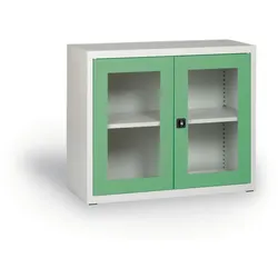 Schrank mit verglasten Türen, 800 x 920 x 400 mm, grau/grün