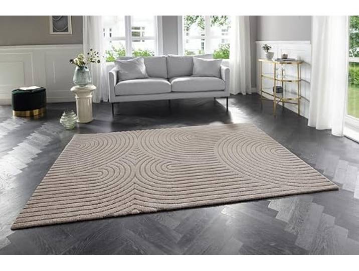Elle Decoration Panglao moderner Teppich Wohnzimmer - Wohnzimmerteppich Flauschig – Hoch-Tief Skandi Boho Style Wellen - für Wohnzimmer, Schlafzimmer, Küche - Creme Beige, 80x150cm, 1,9 Kilogramm