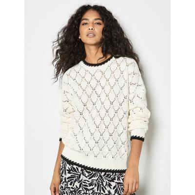 Strickpullover APRICOT "Pullover aus Pointelle-Strick", Damen, Gr. L (40), weiß, Strick, Obermaterial: 61% Baumwolle CO. 39% Polyacryl PAN., uni, Pullover Strickpullover, mit Blanket-Stich