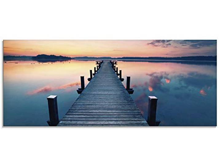 ARTland Wanddeko Glasbilder Wandbild Glas Bild einteilig 125x50 cm Querformat Natur Landschaft See Sonnenuntergang Steg Pier Wald Himmel Sonne T9QL