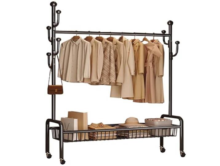 aoiuaoeniu Schwerlast Kleiderständer auf Rollen mit Ablage Regal Stabil bis 100kg Industrie-Design für Schlafzimmer Eingangshalle 100cmx35cmx172 cm