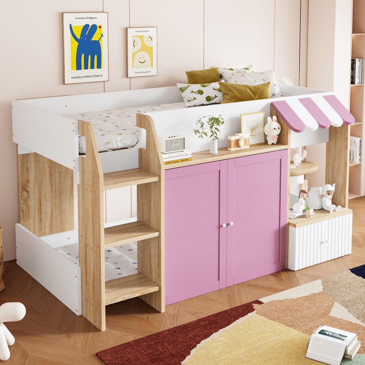 MIVRAY Kinderhoogbed Huisvormig met Brede Ladder en Opbergruimte, Roze Wit, B/D/H: 90 x 200 cm