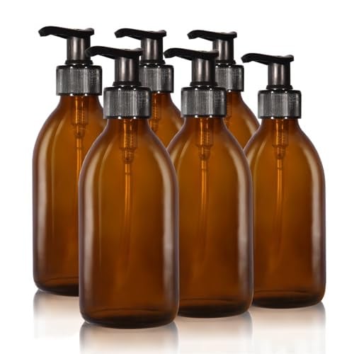 Oputec Set van 6 Amberglazen Zeepdispensers met Pomp en Etiketten, 250 ml per stuk