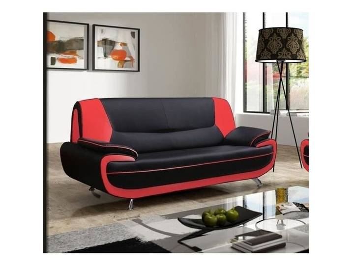 Canapé 3 Places - MUZA - Simili Cuir - Noir et Rouge - Design Contemporain - Fixe