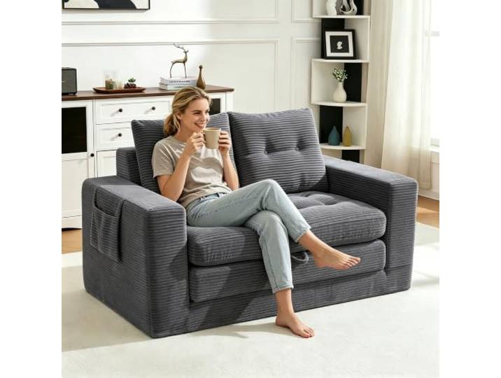 VILUXE Schlafsofa 2-Sitzer Cord Ausziehbar mit Seitentaschen Dunkelgrau Ausziehbares 2-Sitzer Cordsofa mit Liegefunktion, elastischer Polsterung und Seitentaschen, für Wohnzimmer und kleine Räume