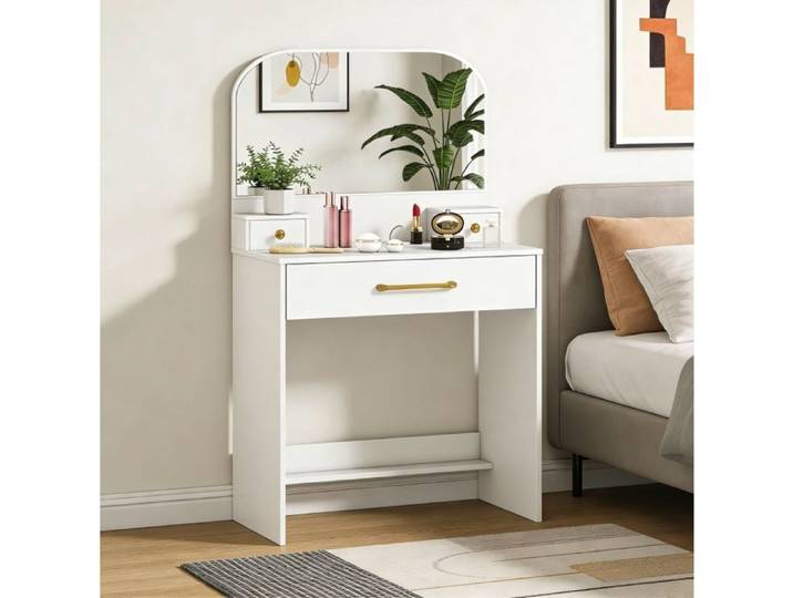 WOVREO Coiffeuse avec miroir cintré 80x40x135 cm 3 tiroirs blanc