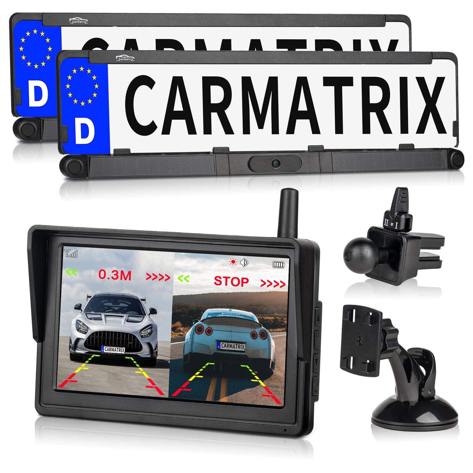 CARMATRIX Solar Rückfahrsystem HD Rückfahrkamera im Nummernschild mit Einparksensoren für Front und Heck