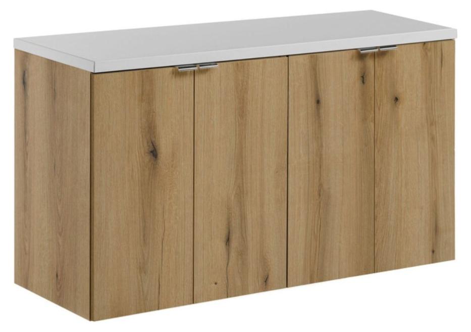 Wandhängendes Badezimmer-Set VANO in Eichenoptik und Weiß 100cm: Unterschränke mit Schränken + Platte für Waschbecken