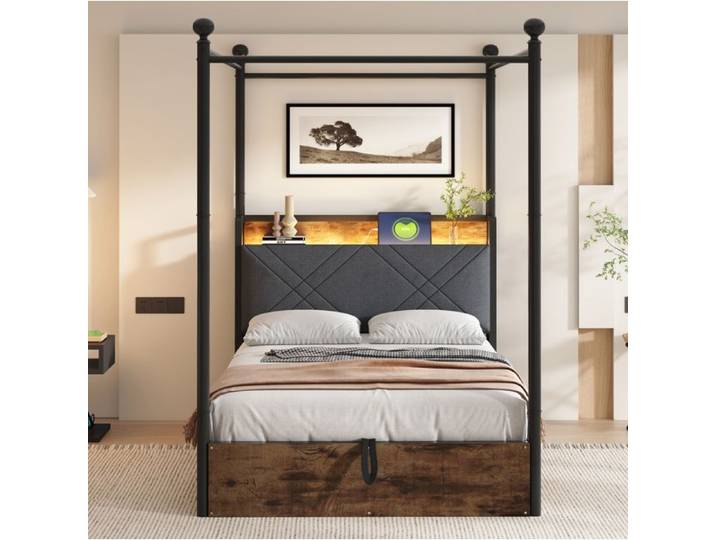 Lit simple en fer multifonction 90x190 avec rangement hydraulique baldaquin en fer forgé LED et USB/Type-C noir