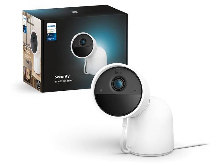Caméra filaire sécurisée Philips Hue avec support de bureau - HD 1080p - Intérieur ou extérieur - Blanche