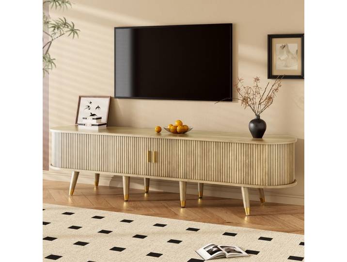 VLIVRA Meuble tv bois foncé avec 2 portes et 2 niches ouvertes meuble tv moderne pour salon 175x38x45 cm panneaux de particules