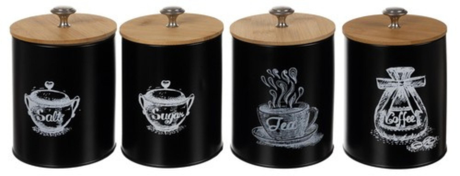 Ruhhy Set van 4 zwarte keukendoses voor koffie, thee, zout en suiker