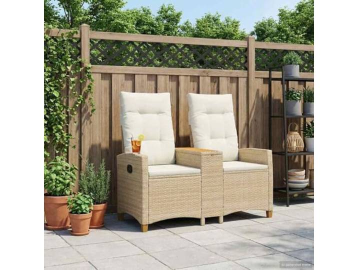 Liegebank mit Tisch 2-Sitzer 126 x 65 x 112 cm Poly-Rattan UV-beständiges Rattan, verstellbare Rückenlehne, abnehmbares Kissen, Teetisch, für Garten und Terrasse