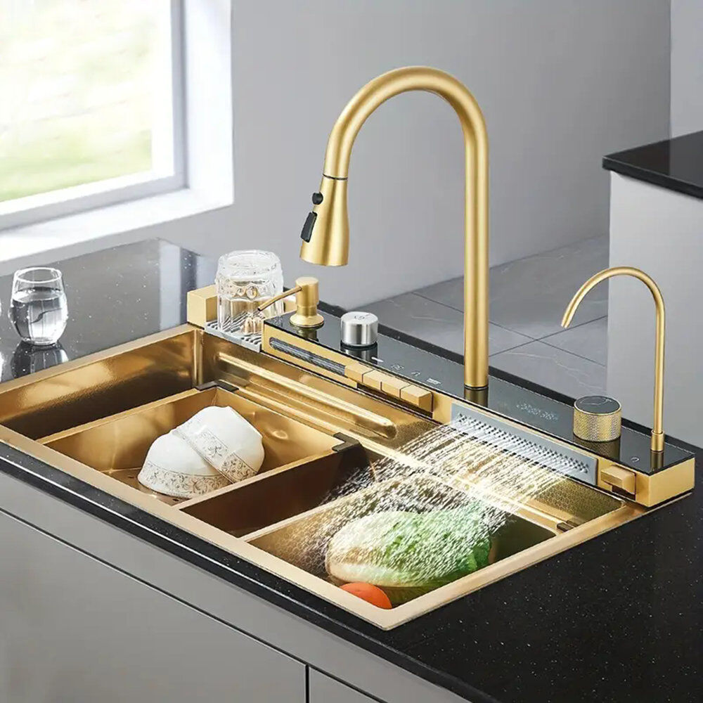 Moverlesenk Brushed Gold LED Kitchen Sink Set Stainless Steel Single Large Bowl Inset Mixer Tap Waste Kit Brushed Gold