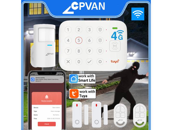 Clavier d'alarme anti-intrusion CPVAN intelligent sans fil WIFI Tuya 4G avec sirène intégrée et capteur de porte/PIR pour la sécurité domestique