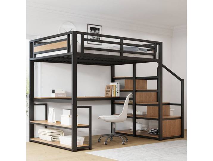 Lit mezzanine en métal 140x200 avec échelle de rangement Lit mezzanine adulte avec étagères et table lit surélevé enfant Noir