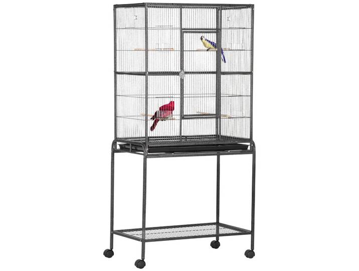 ComfortXL Vogelkäfig De-17802 4 Sitzstangen & 4 Näpfe auf Rollen Schwarz/Grau, Metall, 47x163x77 cm, Dekoration, Gartendeko