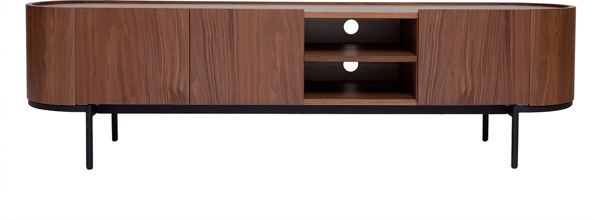 Miliboo Design-TV-Möbel aus dunklem Walnussfurnier und schwarzem Metall mit Stauraum B180 cm SKYE