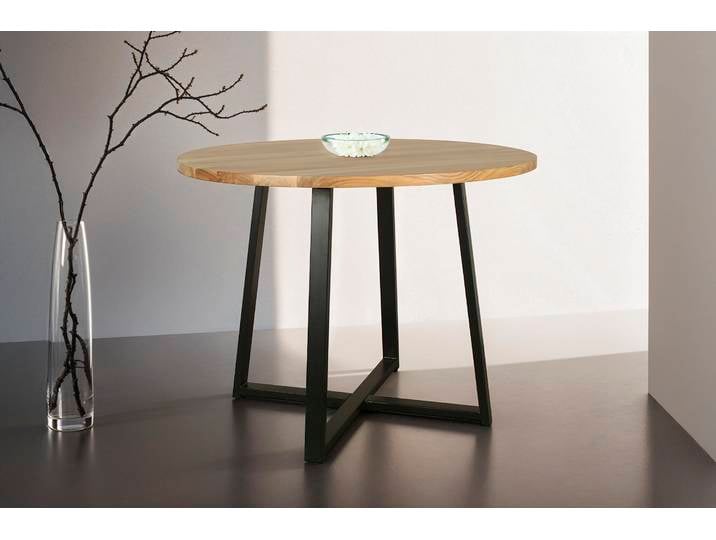 Esstisch BYLIVING Arrow , beige (natur, schwarz, natur), H:77cm, Tische, Esstisch, mit 2,5cm starker, runder Massivholz Tischplatte, D 100, H 77 cm