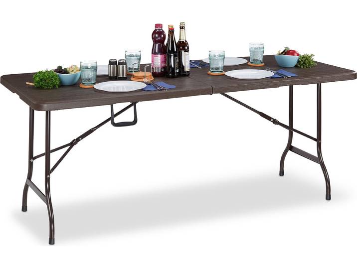 Relaxdays Gartentisch, Holzoptik, eckiger Klapptisch, Sicherheitsriegel, mit Tragegriff, HxBxT: 73 x 180 x 74 cm, braun