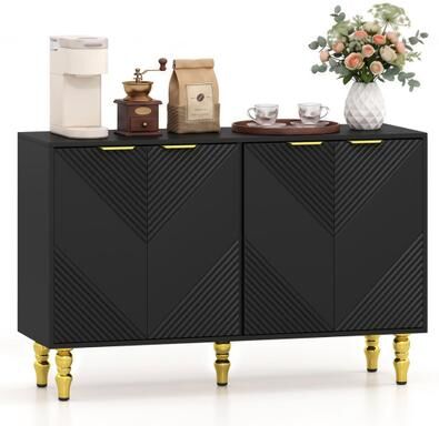 "Costway 47"" Sideboard Buffet Cabinet with 4 Chevron Fluted Doors & Anti-Toppling Devices for Kitchen-Black"