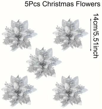 Uplifted Finds Glitter Artificial Flowers 14cm Fake Christmas Flowers Tree Ornament Holiday Decoration 5 Pcs silver