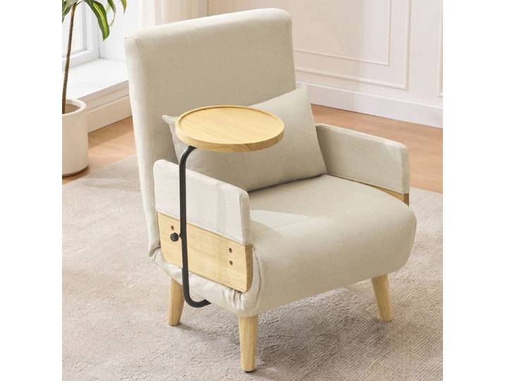 Fauteuil convertible trois en un moderne avec plateau en bois chaise pliante rembourrée fauteuil inclinable lit simple lin beige