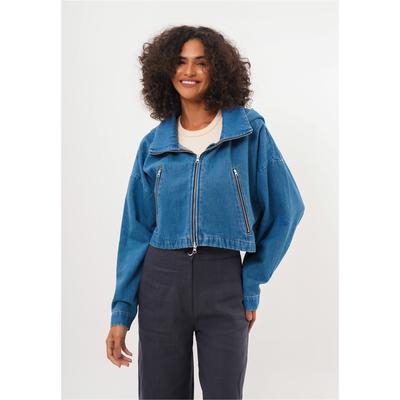 Jeansjacke FRESHLIONS "Juliana", Damen, Gr. M, blau (dunkelblau), 100% Baumwolle, unifarben, normal, hoch geschlossener Ausschnitt, Jacken Jeansjacke, im kuscheligen Design mit Kapuze