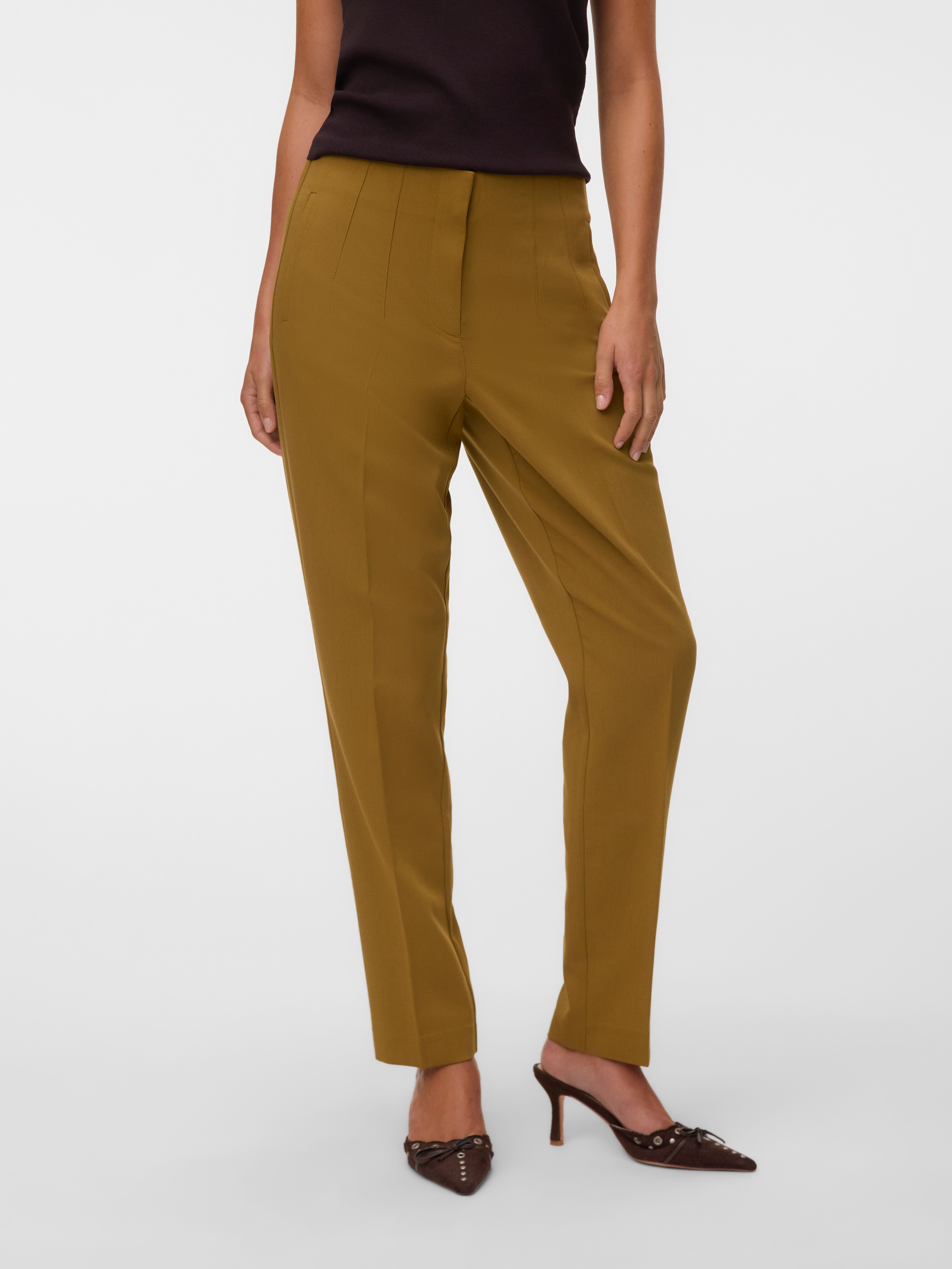 Anzughose VERO MODA "VMZOEY MW TAPERED PANT NOOS", Damen, Gr. 38, Länge 32, braun (butternut), Web, Obermaterial: 74% Polyester, 20% Viskose, 6% Elasthan, unifarben, lang, Hosen Anzughose, Materialmix butternut 38, Länge 32