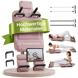 ARTSPORT® Pilates Reformer Board Movea in Rosa - Ganzkörper-Fitnessgerät mit 6 Trainingsbändern, Mini Reformer inkl. 52 x Trainingsvideos