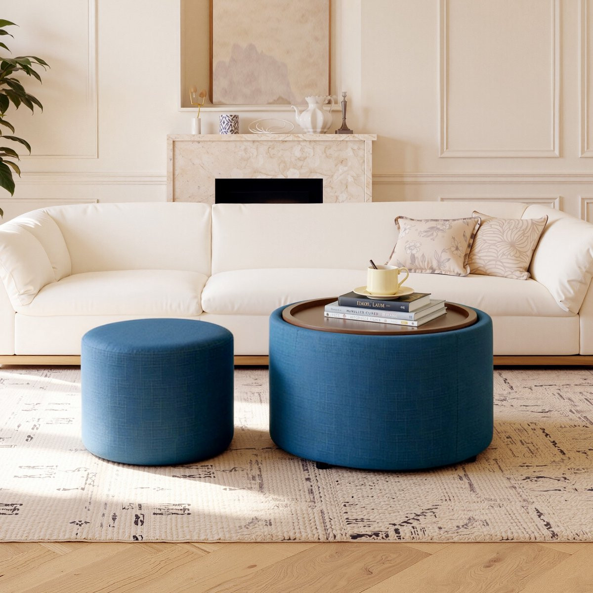 Sweiko Salontafel en Kruk Set van 2 met Opbergruimte - Blauw Linnen