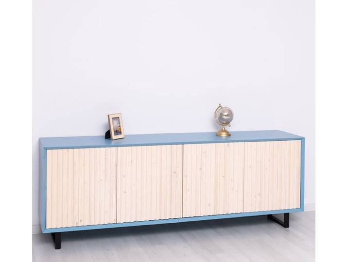 TV-Sideboard mit Lamellentüren Skandi himmelblau / weiß geölt